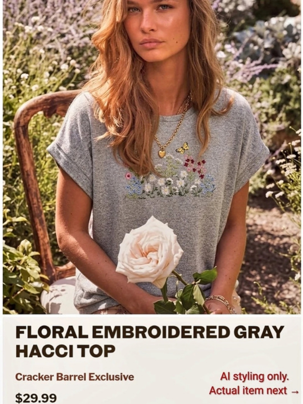 Indigo Soul Floral Embroidered Gray Hacci Top Tee